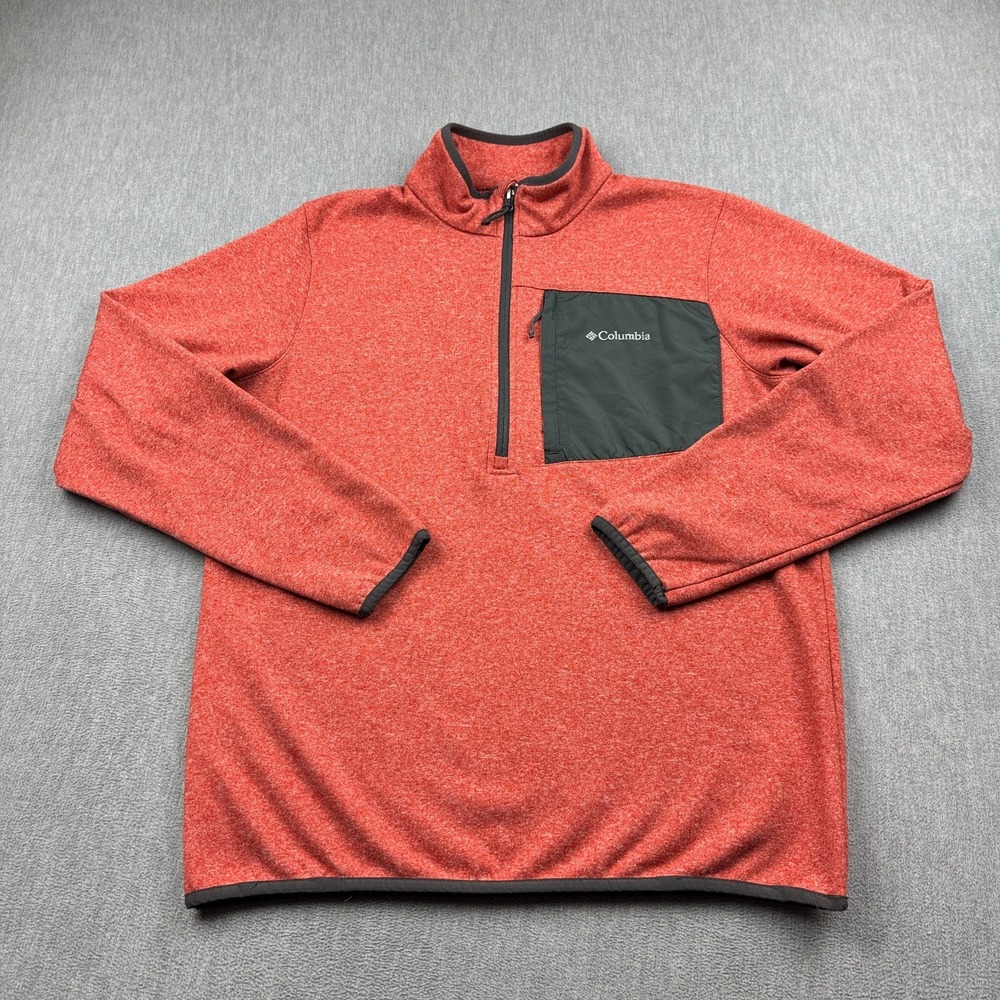Columbia Pullover Mens Medium Orange Sweater Weather Half Zip Fleece Zip Pocket